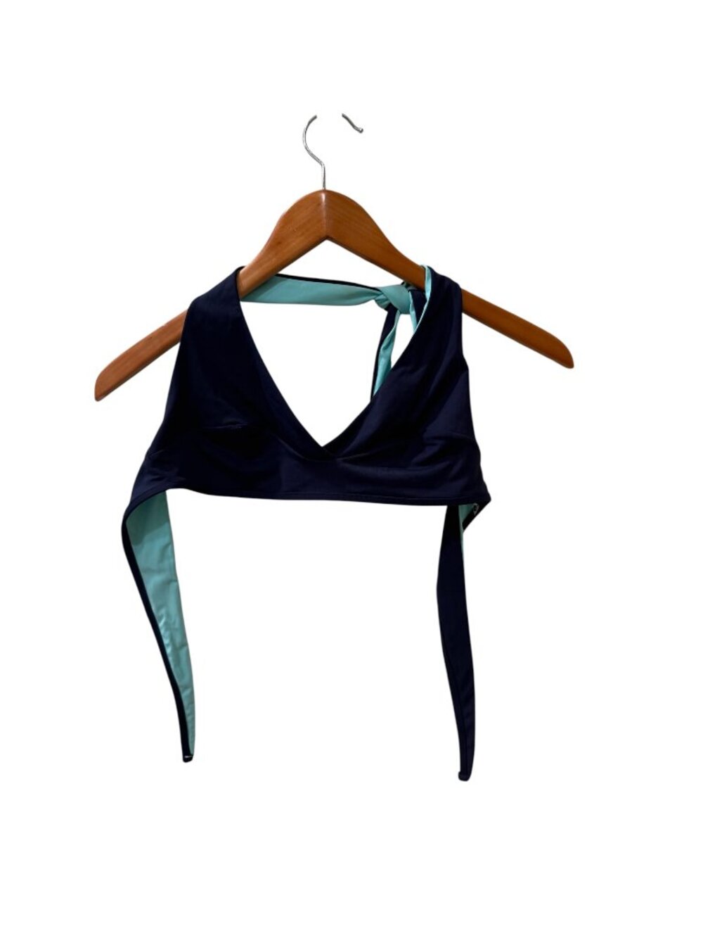 Reversible Navy & Aqua Bikini Top Halter Wrap Swim Top